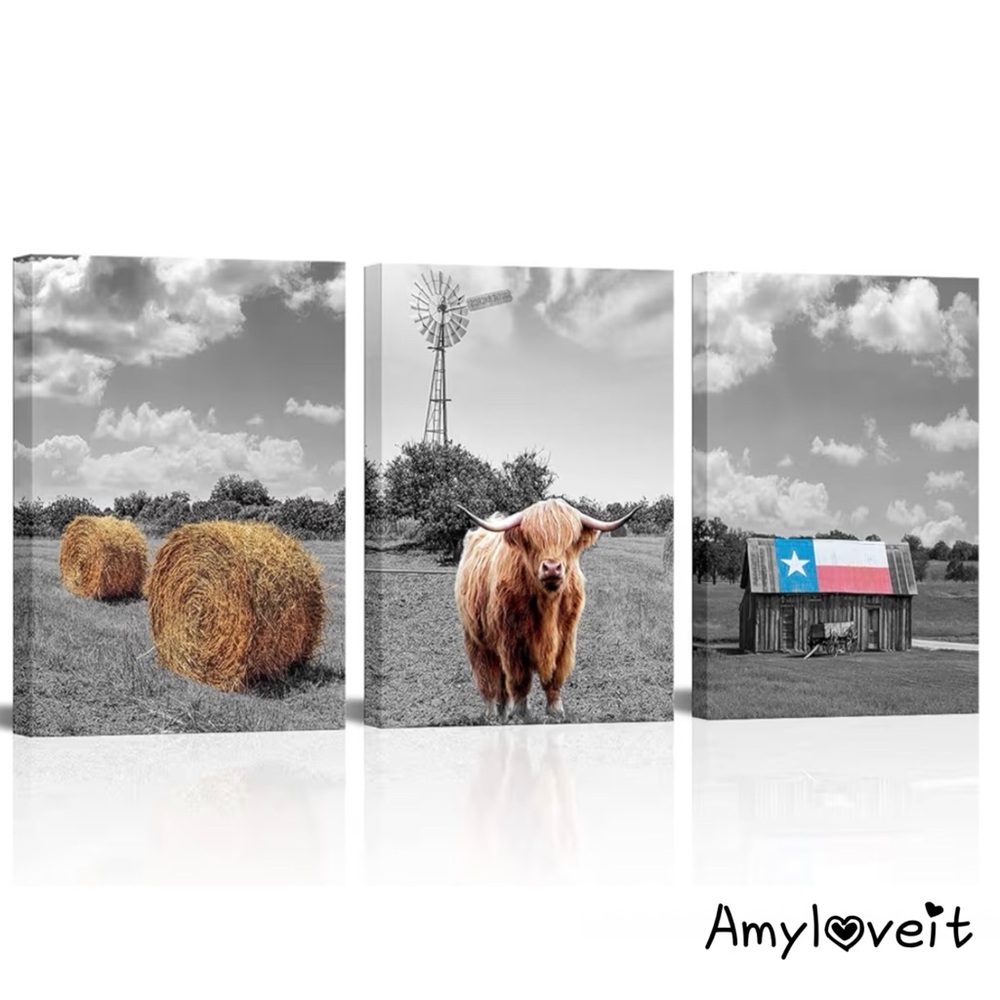 Large Canvas Highland Cow Wall Art Black & White Farmhouse Canvas Barn Pictures